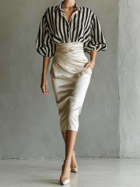 Women's Black And White Striped Cotton Shirt And Beige Satin Skirt Set MDA0826H7T