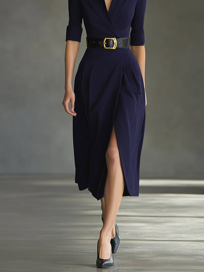 Women's Navy Classic Crepe Wrap Slit Midi Dress MDA0903I8I