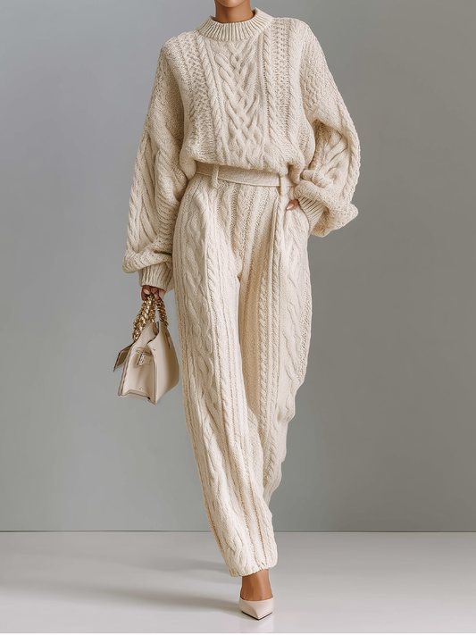 Women's Beige Sweater And Wide-leg Pants Set MDA2749H0T