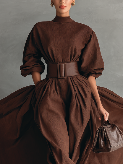 Women's Dark Brown Cotton Blend Pleated High Collar Loose Fashion Maxi Dress MDA0901I4T