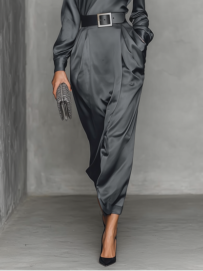 Women's Dark Grey Satin Waisted High Collar Maxi Dress MDA0451I5T