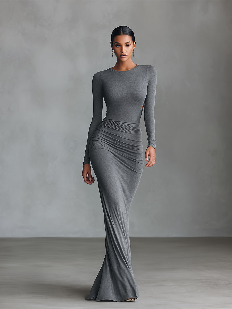 Women's Grey Elegant Stretch - Knit Ruched Open - Back Maxi Dress MDA2860H8I