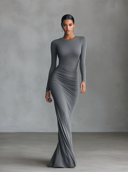 Women's Grey Elegant Stretch - Knit Ruched Open - Back Maxi Dress MDA2860H8I