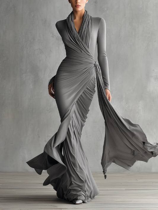 Women's Grey Elegant Stretch - Jersey Wrap - Style Ruched Maxi Dress MDA2998H9I