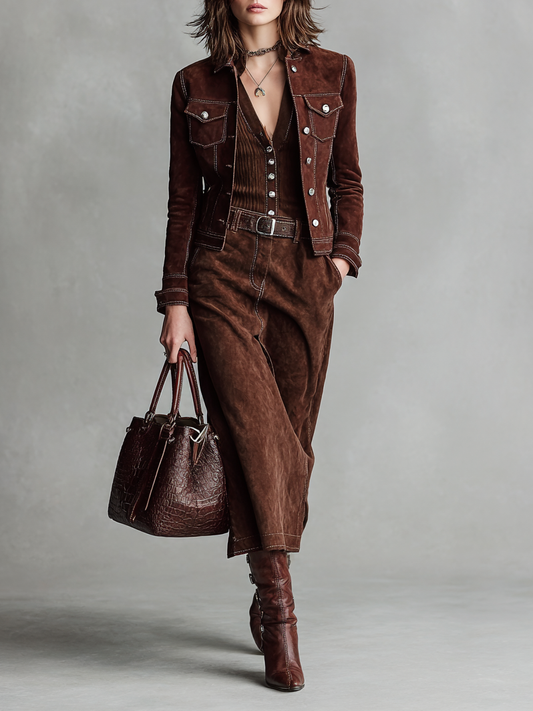 Women's Suede Short Jacket And One-Step Skirt Set (Without Belt) MDA2763H8Y