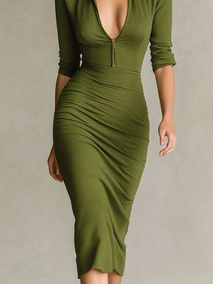 Women's Olive Green Elegant Fitted Knit Zip - Up Midi Dress MDA1087I4I