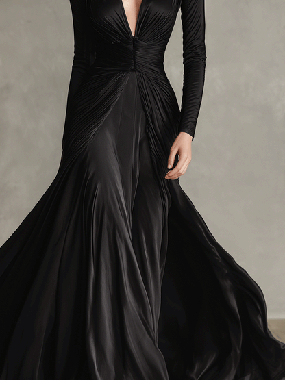 Women's Black Elegant Draped Stretch - Satin Maxi Gown MDA0360I4I