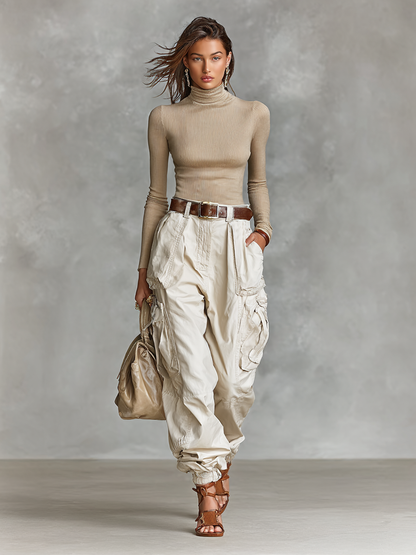 Women's Tight High Neck Long Sleeve T-shirt Multi-pocket Cargo Pants Two-piece Set (without Belt)MDA2456G9Y