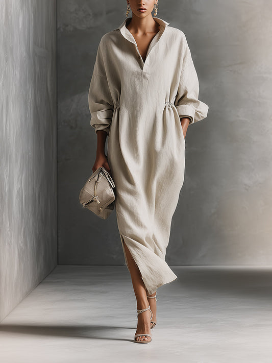 Women's Beige Relaxed Cotton Drawstring - Detail Maxi Dress MDA1121H0I