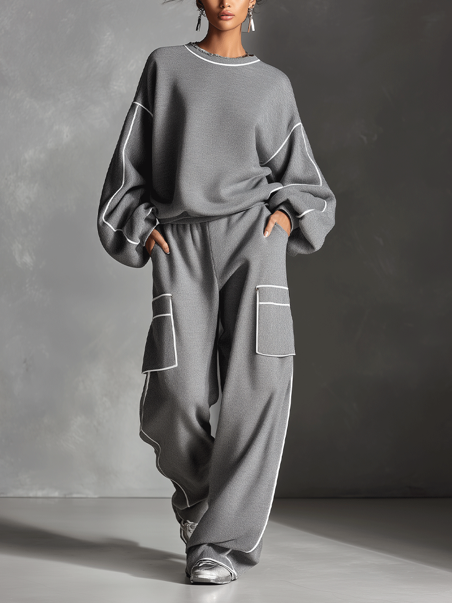 Women's Grey Modern Jersey Contrast - Piping Loungewear Set MDA0295I5I