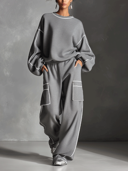 Women's Grey Modern Jersey Contrast - Piping Loungewear Set MDA0295I5I
