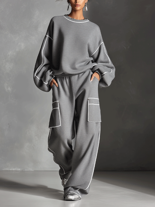 Women's Grey Modern Jersey Contrast - Piping Loungewear Set MDA0295I5I