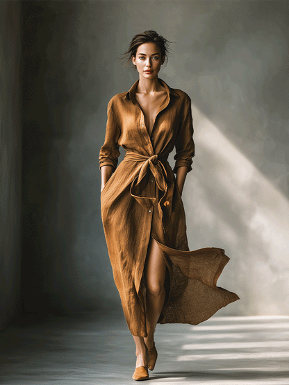 Women's Vintage Brown Blend Shirt Maxi Dress MDA2898G6I