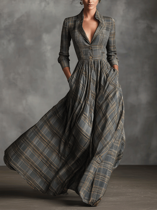 Women's Grey Sophisticated Tartan - Patterned Linen - Blend Flared Maxi Dress MDA0222I7I