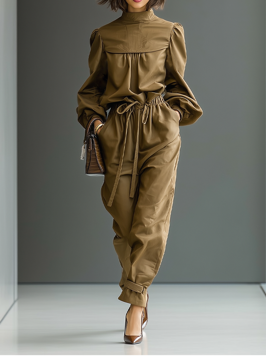 Women's Dark Khaki Top And Trousers Set MDA0469I2T