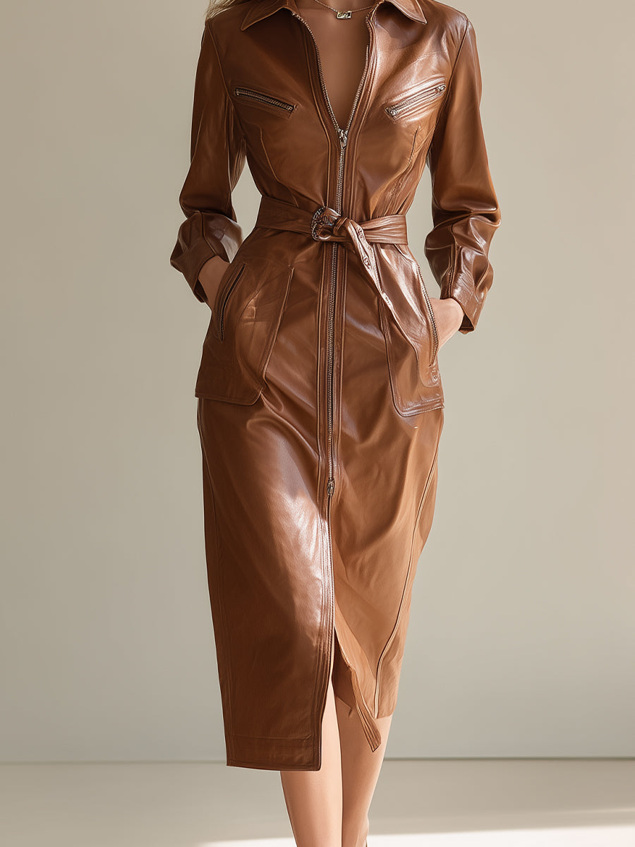 Women's Tan Elegant PU Leather Belted Zip - Front Coat MDA2615H7I