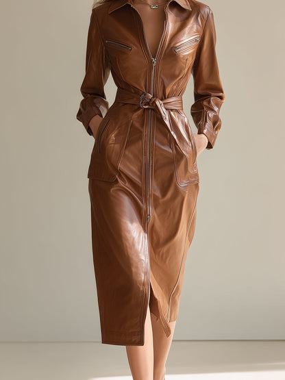 Women's Tan Elegant PU Leather Belted Zip - Front Coat MDA2615H7I