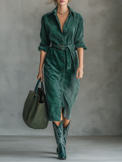 Women's Corduroy Single-Breasted Belted Shirt Midi Dress MDA0202I0Y