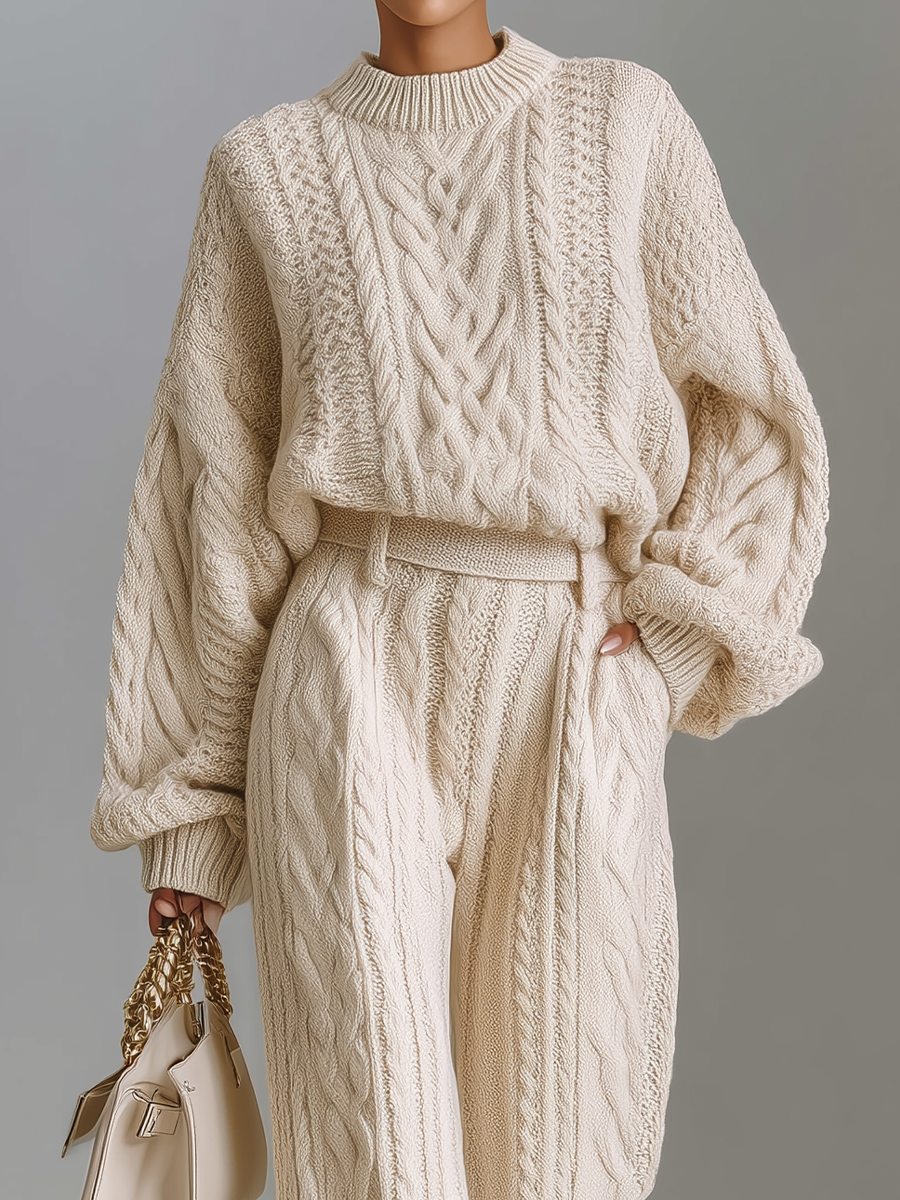 Women's Beige Sweater And Wide-leg Pants Set MDA2749H0T