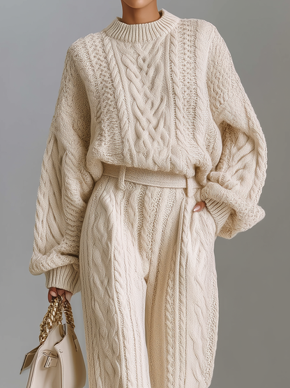 Women's Beige Sweater And Wide-leg Pants Set MDA2749H0T