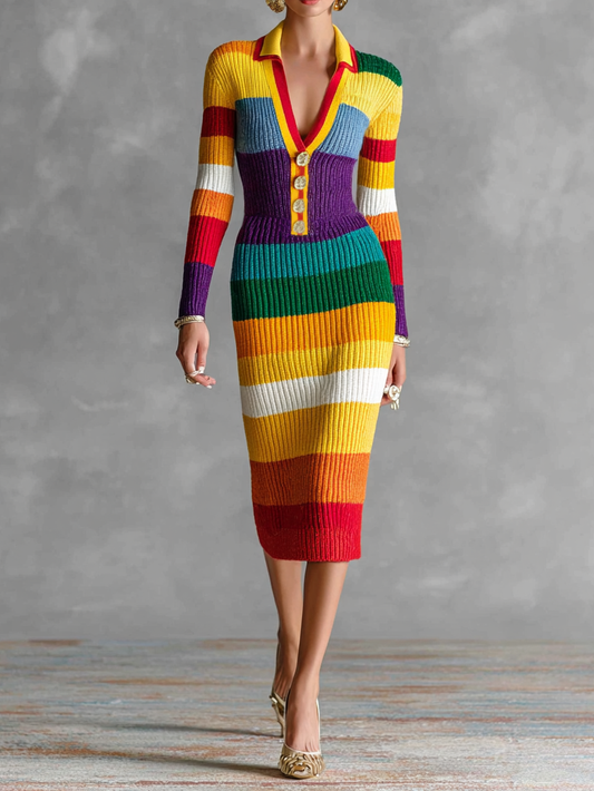 Women's Slim Lapel V-Neck Colorful Striped Knitted Midi Dress MDA2589H3Y