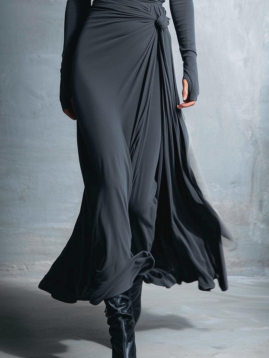 Women's Grey Sophisticated Jersey Knit Wrap - Knot Maxi Dress MDA1401H9I