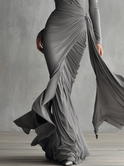 Women's Grey Elegant Stretch - Jersey Wrap - Style Ruched Maxi Dress MDA2998H9I