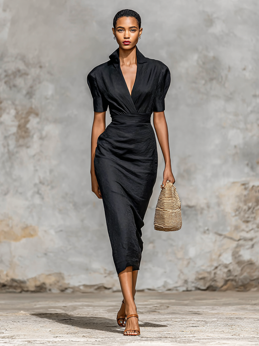 Ladies Solid Color Lapel V-neck Short Sleeve Waist Midi Dress MDA1404G5Y