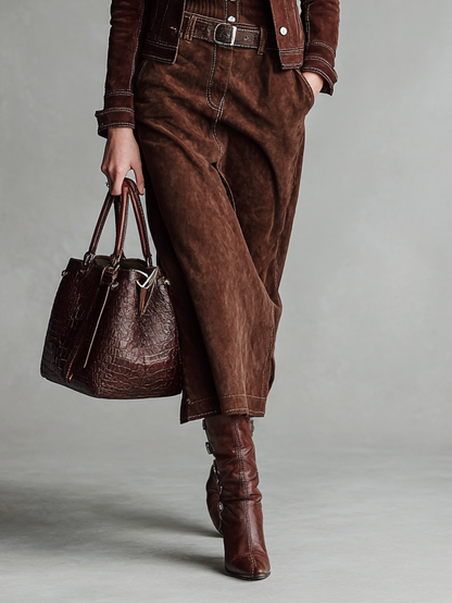 Women's Suede Short Jacket And One-Step Skirt Set (Without Belt) MDA2763H8Y