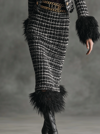 Women's Black - White Elegant Tweed Feather - Trimmed Skirt Suit MDA0459I6I