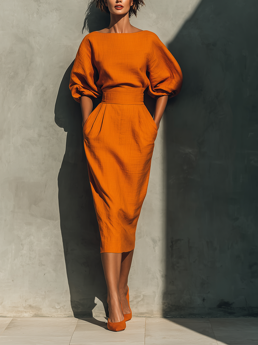 Ladies Orange Cotton-Linen Blend Vibrant Midi Skirt Set MDA2511G6T