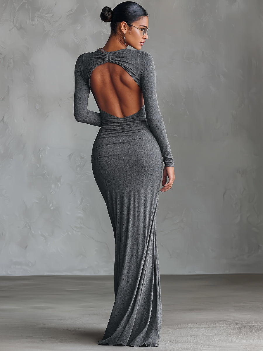 Women's Grey Elegant Stretch - Knit Ruched Open - Back Maxi Dress MDA2860H8I