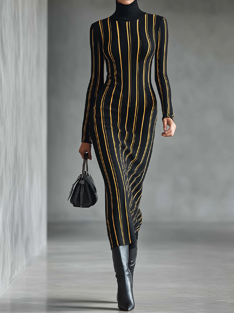 Women's Black Vertical Striped High-neck Knitted Maxi Dress MDA0316I6T