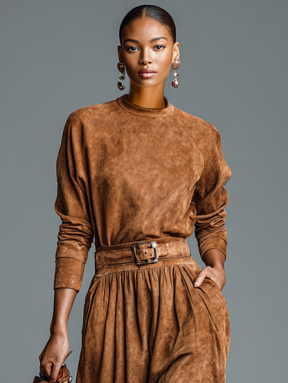 Women's Vintage Suede Round Neck Long Sleeve Blouse Skirt Set MDA2746H7Y
