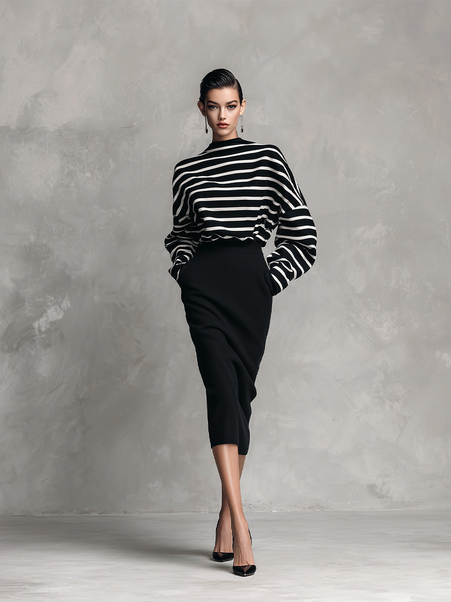 Women's Black & White Elegant Cotton - Blend Striped Oversized Top & Pencil Skirt Set MDA2755H5I