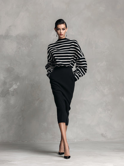 Women's Black & White Elegant Cotton - Blend Striped Oversized Top & Pencil Skirt Set MDA2755H5I