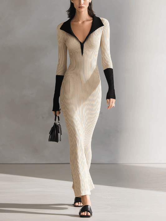 Women's Beige & Black Colorblock Elegant Knit Slim-Fit Dress MDA0585I8I