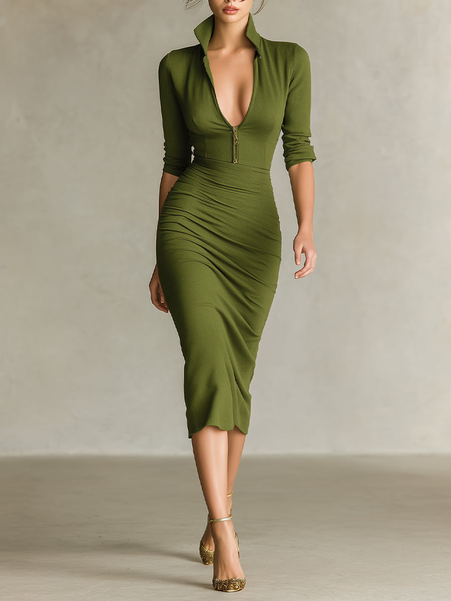 Women's Olive Green Elegant Fitted Knit Zip - Up Midi Dress MDA1087I4I