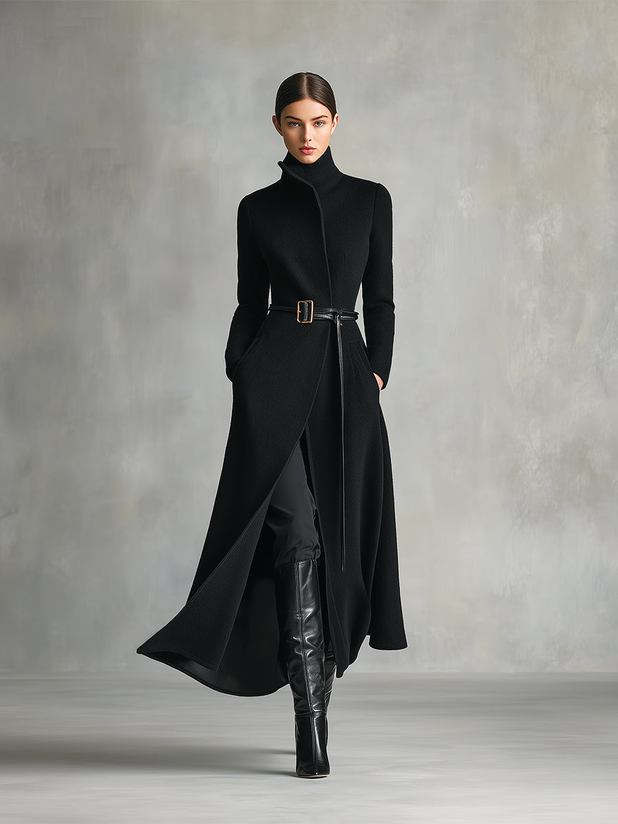 Women's Black Elegant Wool - Blend Turtleneck Belted Maxi Coat MDA2807H5I