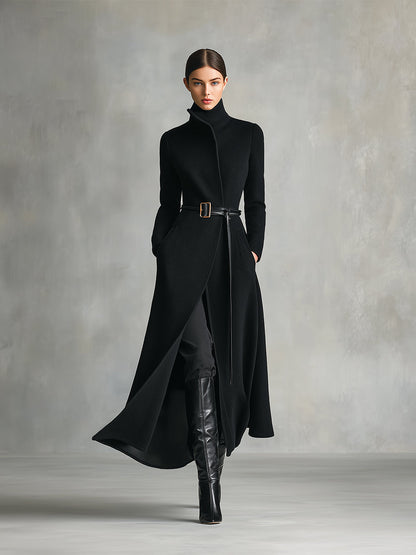 Women's Black Elegant Wool - Blend Turtleneck Belted Maxi Coat MDA2807H5I