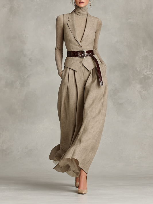 Women's Lapel Single-breasted Vest And Skirt Two-piece Set (Excluding Belt) MDA2555H0Y
