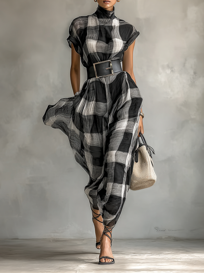 Women's Plaid Cotton Blend High Collar Short Sleeve Belt Maxi Dress MDA0575G6Y