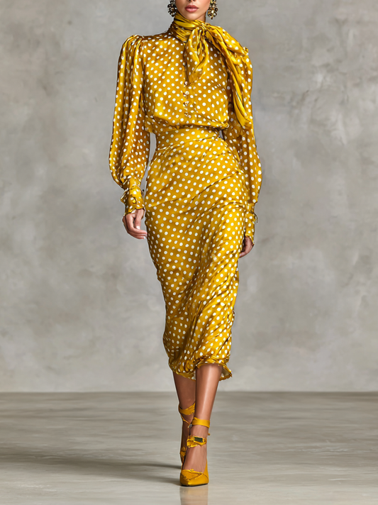 Women's Vintage Satin Polka Dot Print Shirt And Skirt Two-Piece Set (Includes Scarf) MDA3073G0Y