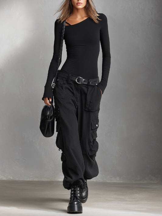 Women's Black Edgy Rib - Knit Asymmetric Neck Bodysuit And Cargo Pants Set MDA0818I0I