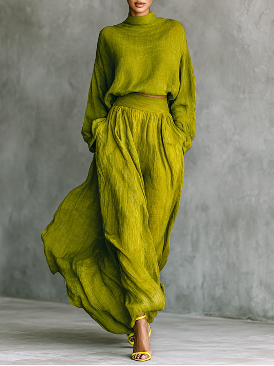 Women's Green Turtleneck Cotton And Linen Blend Suit MDA2938G4T