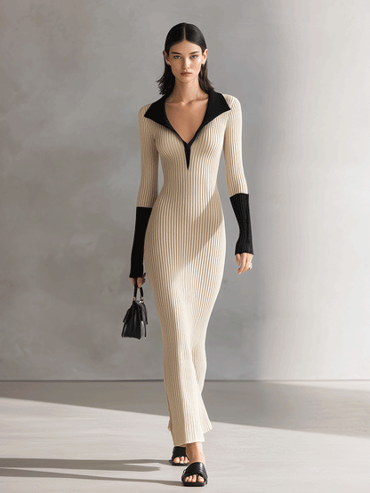 Women's Beige & Black Colorblock Elegant Knit Slim-Fit Dress MDA0585I8I
