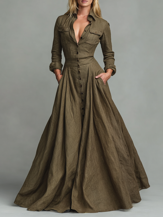 Women's Vintage Cotton And Linen Blended Shirt Floor-Mounting Maxi Dress MDA3058G3Y