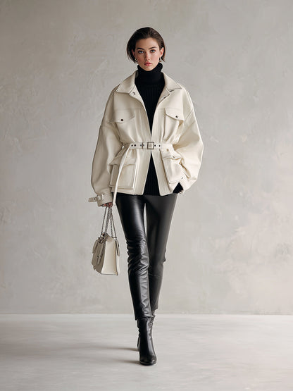 Women's Ivory Elegant PU Leather Belted Utility - Style Jacket (without Belt) MDA2627H6I