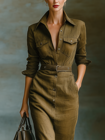 Women's Olive Green Linen Shirt Collar Waisted Maxi Dress MDA0801I5T