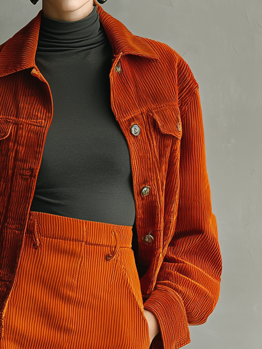 Women's Orange Corduroy Button-Up Jacket MDA2779H4T